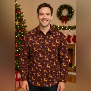Men's Festive Brewdoloh Reindeer Print Shirt - Maroon